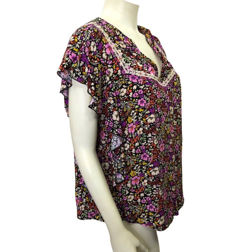 DEMOCRACY $78 BUTTERFLY SLEEVE‎ FLORAL PRINT V NECK TOP MD NWT - Picture 3 of 7